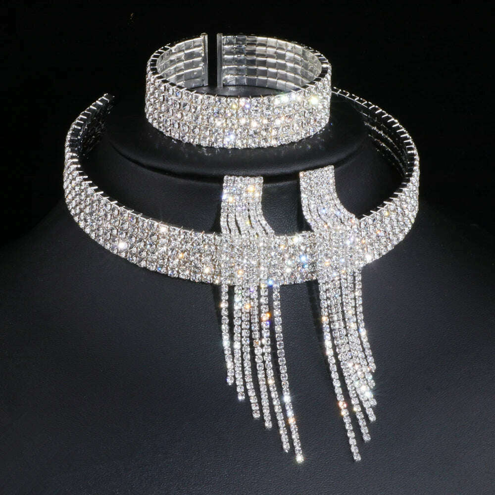 KIMLUD, Classic Elegant Tassel Crystal Bridal Jewelry Sets African Rhinestone Wedding Necklace Earrings Bracelet Sets WX081, KIMLUD Women's Clothes