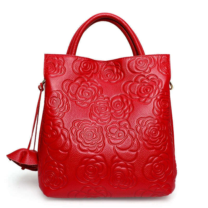 Classic embossed women's bag leather pit bag, large capacity top cowhide cross-body bag - KIMLUD
