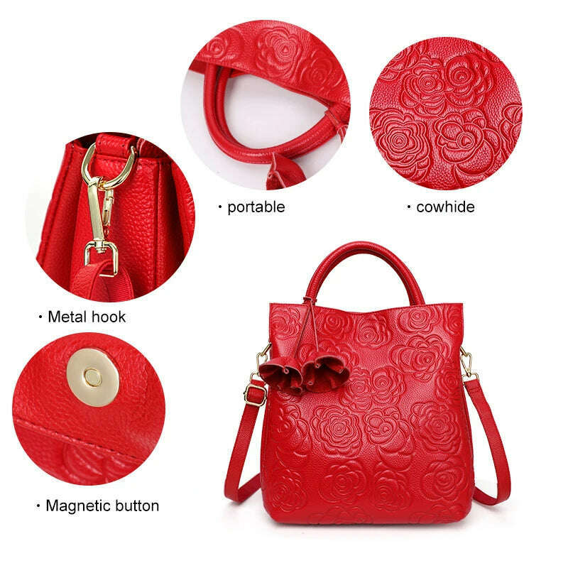 Classic embossed women's bag leather pit bag, large capacity top cowhide cross-body bag - KIMLUD