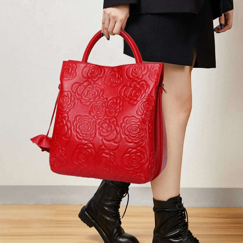 Classic embossed women's bag leather pit bag, large capacity top cowhide cross-body bag - KIMLUD