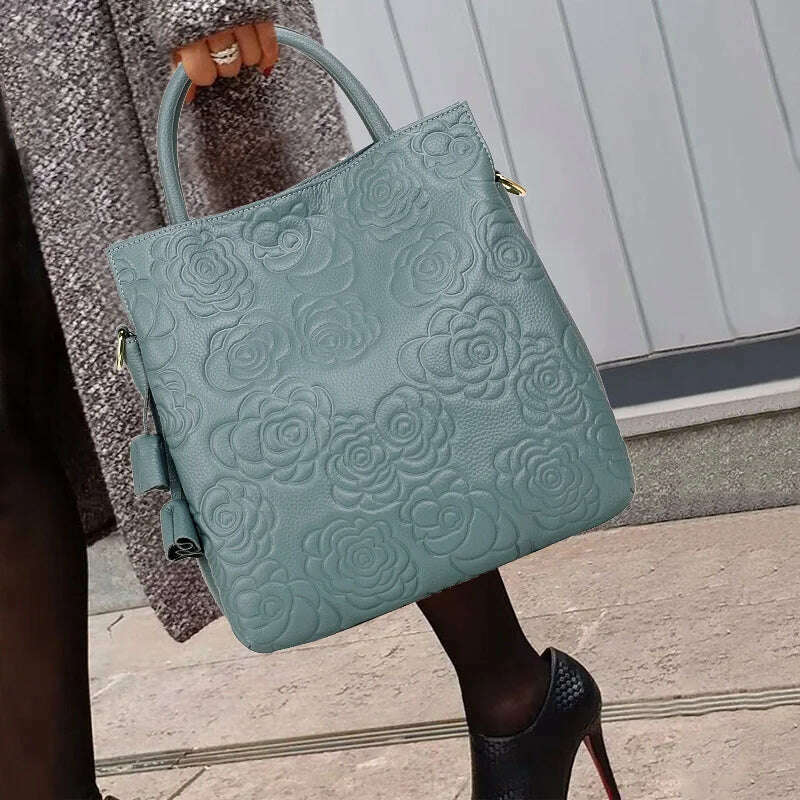 Classic embossed women's bag leather pit bag, large capacity top cowhide cross-body bag - KIMLUD