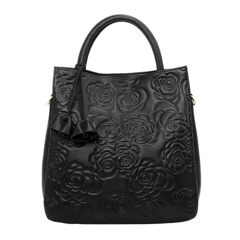 Classic embossed women's bag leather pit bag, large capacity top cowhide cross-body bag - KIMLUD