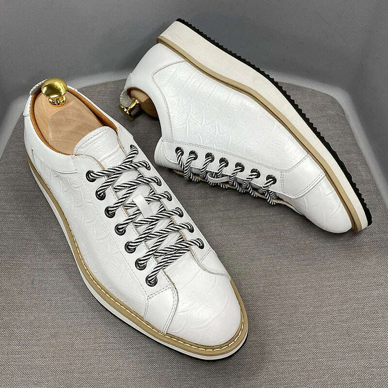 Classic Mens Casual Shoes Genuine Leather Lace-Up Fashion Sneakers Luxury Brand Alligator Print Street Travel Flat Shoes for Men - KIMLUD