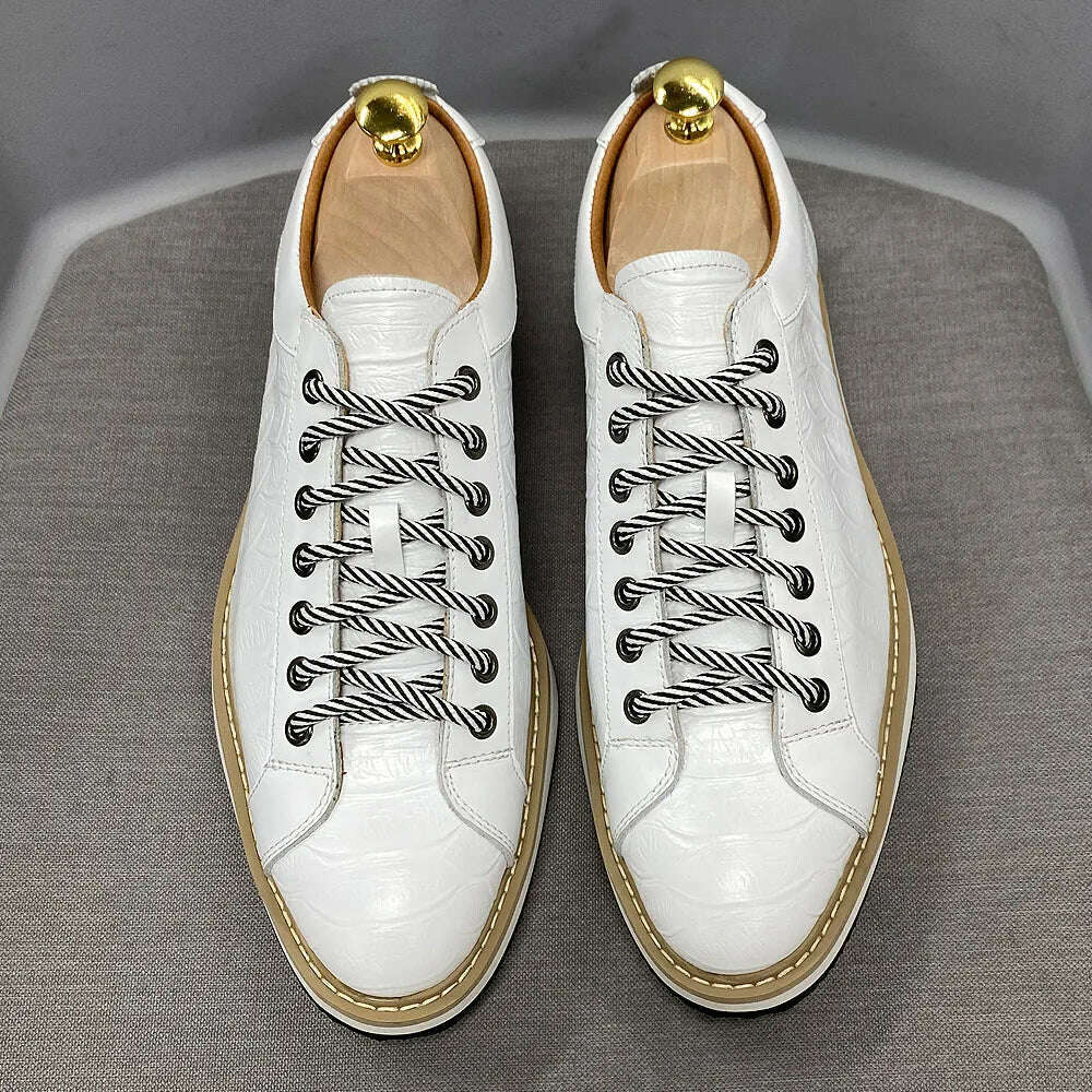 Classic Mens Casual Shoes Genuine Leather Lace-Up Fashion Sneakers Luxury Brand Alligator Print Street Travel Flat Shoes for Men - KIMLUD