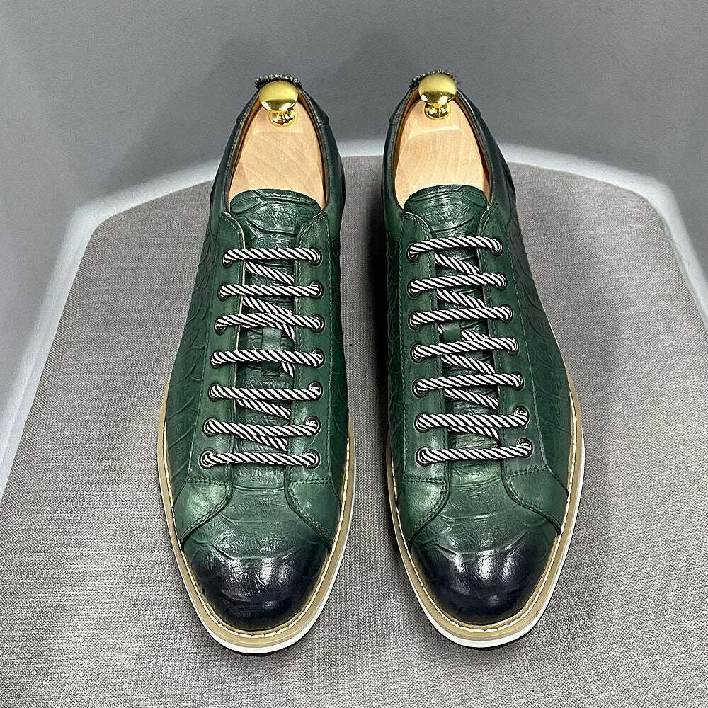 Classic Mens Casual Shoes Genuine Leather Lace-Up Fashion Sneakers Luxury Brand Alligator Print Street Travel Flat Shoes for Men - KIMLUD