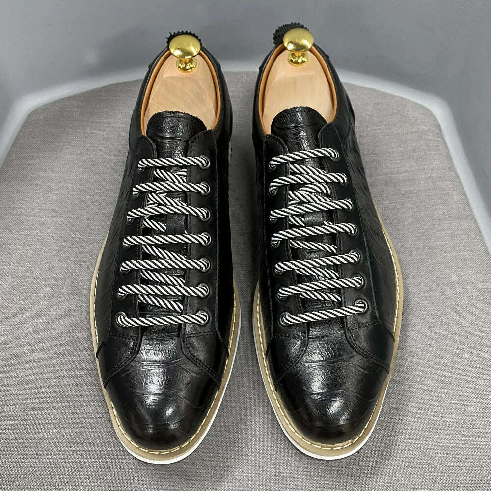 Classic Mens Casual Shoes Genuine Leather Lace-Up Fashion Sneakers Luxury Brand Alligator Print Street Travel Flat Shoes for Men - KIMLUD