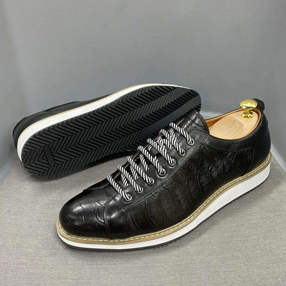 Classic Mens Casual Shoes Genuine Leather Lace-Up Fashion Sneakers Luxury Brand Alligator Print Street Travel Flat Shoes for Men - KIMLUD