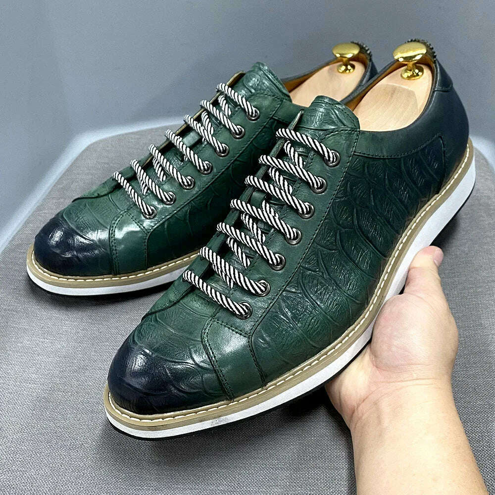 Classic Mens Casual Shoes Genuine Leather Lace-Up Fashion Sneakers Luxury Brand Alligator Print Street Travel Flat Shoes for Men - KIMLUD