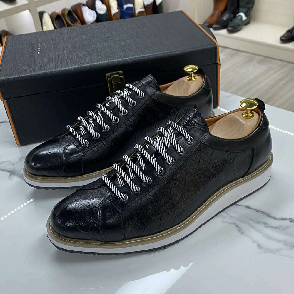 Classic Mens Casual Shoes Genuine Leather Lace-Up Fashion Sneakers Luxury Brand Alligator Print Street Travel Flat Shoes for Men - KIMLUD
