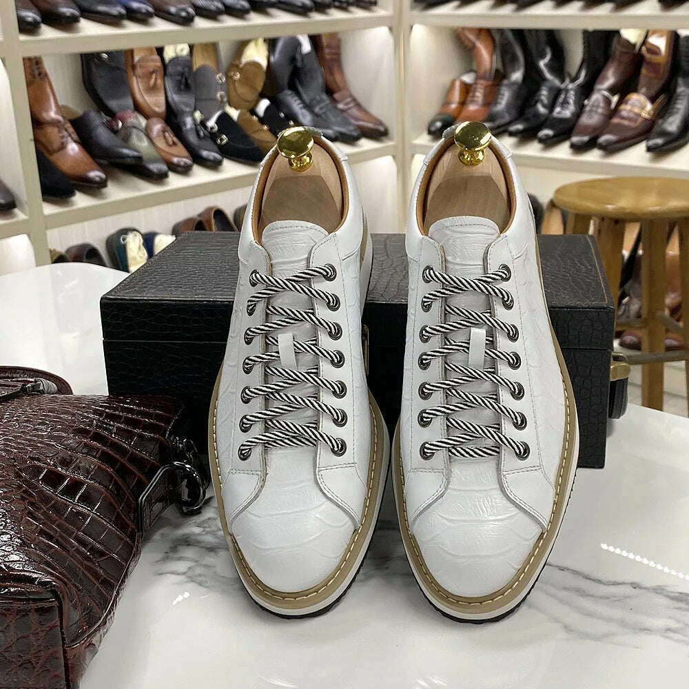 Classic Mens Casual Shoes Genuine Leather Lace-Up Fashion Sneakers Luxury Brand Alligator Print Street Travel Flat Shoes for Men - KIMLUD