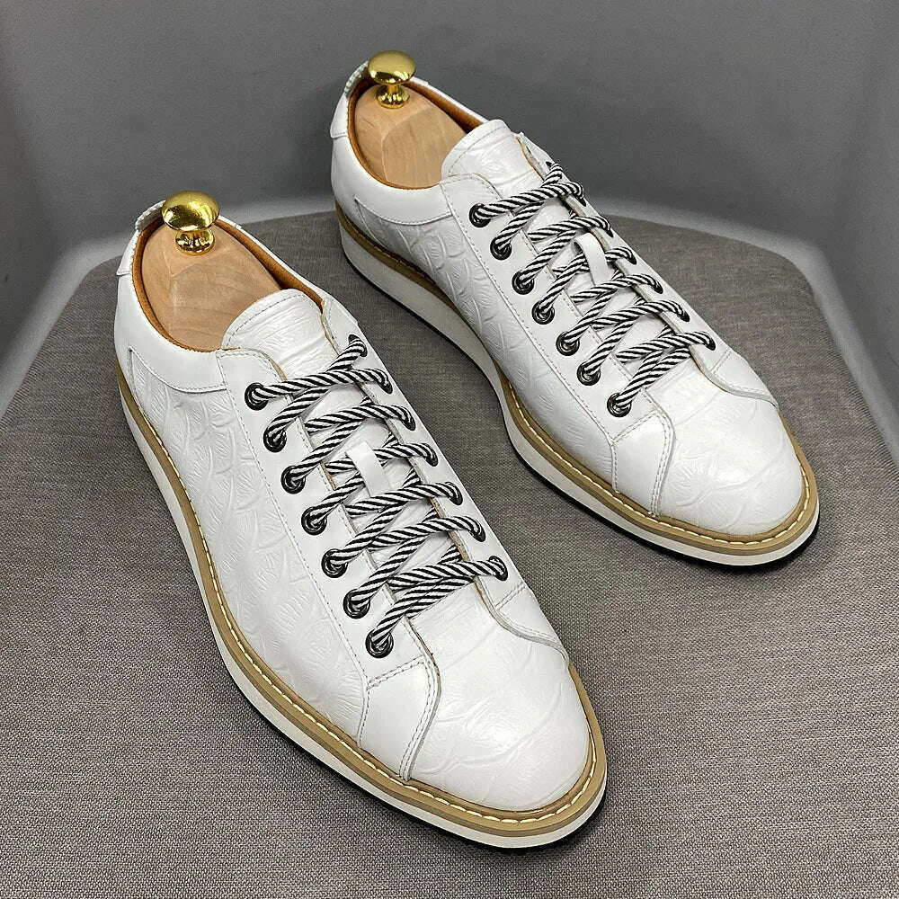 Classic Mens Casual Shoes Genuine Leather Lace-Up Fashion Sneakers Luxury Brand Alligator Print Street Travel Flat Shoes for Men - KIMLUD