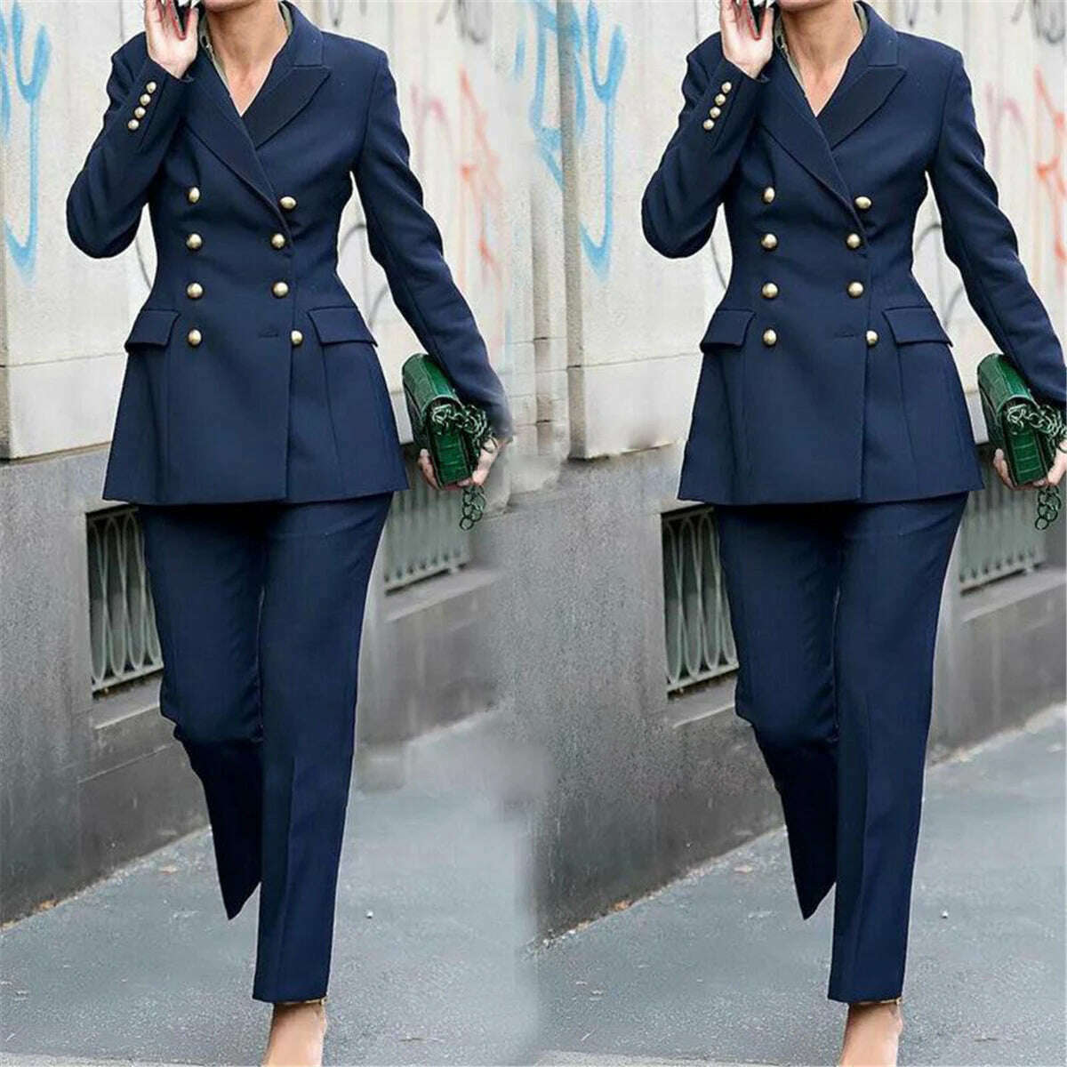 KIMLUD, Classic Navy Blue Women Suits Double Breasted Set 2 Pieces Peaked Lapel Blazer Pant Streetwear Outdoor Evening Dress Custom Made, KIMLUD Womens Clothes