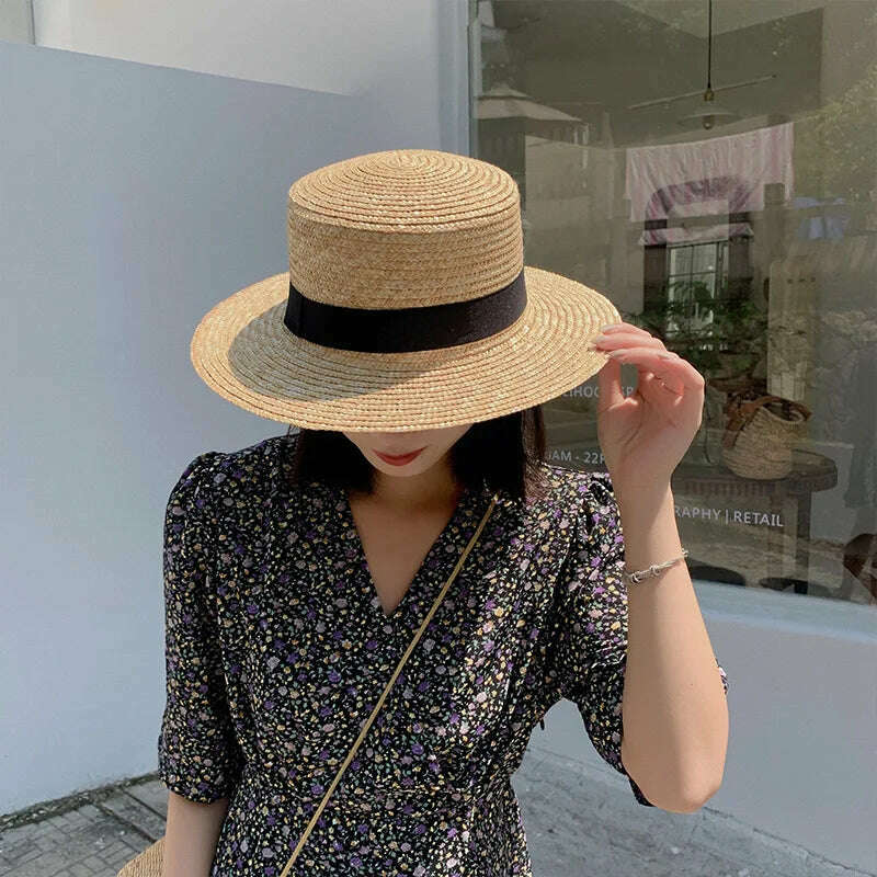KIMLUD, Classical Beach Hat Ribbon Bowknot Boater Hat Wide Brim Summer Sun Hats for Women Ladies Wheat Straw Cap Kentucky Derby Hat, KIMLUD Womens Clothes