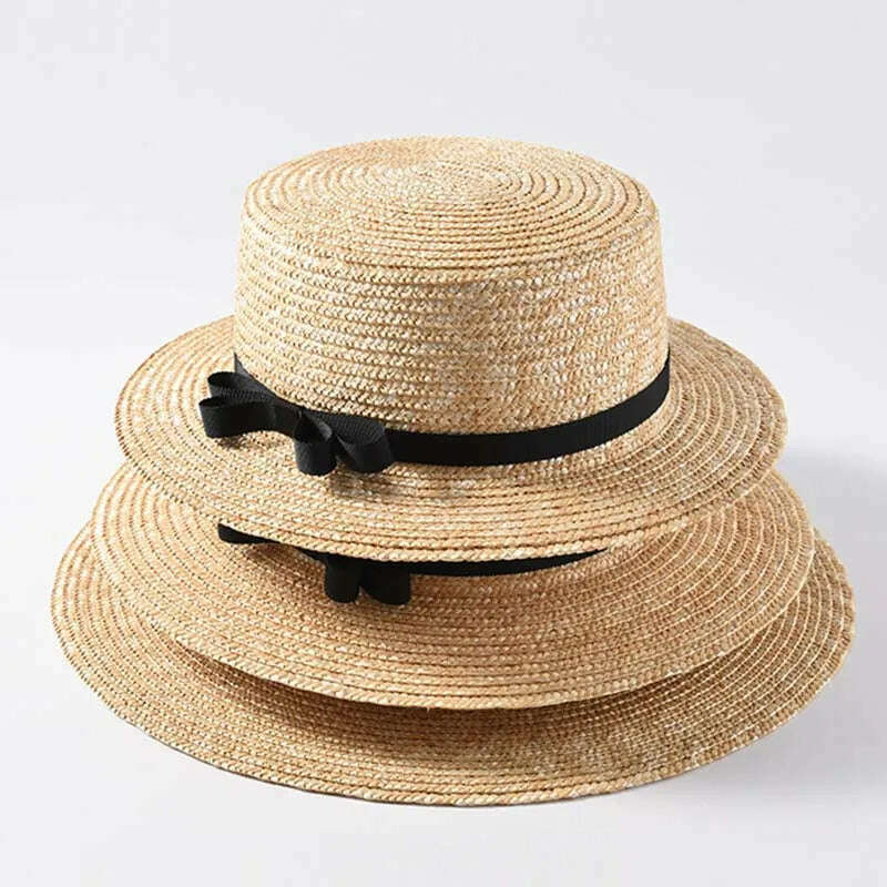 KIMLUD, Classical Beach Hat Ribbon Bowknot Boater Hat Wide Brim Summer Sun Hats for Women Ladies Wheat Straw Cap Kentucky Derby Hat, style2-with bowknot / Brim 9cm, KIMLUD Womens Clothes