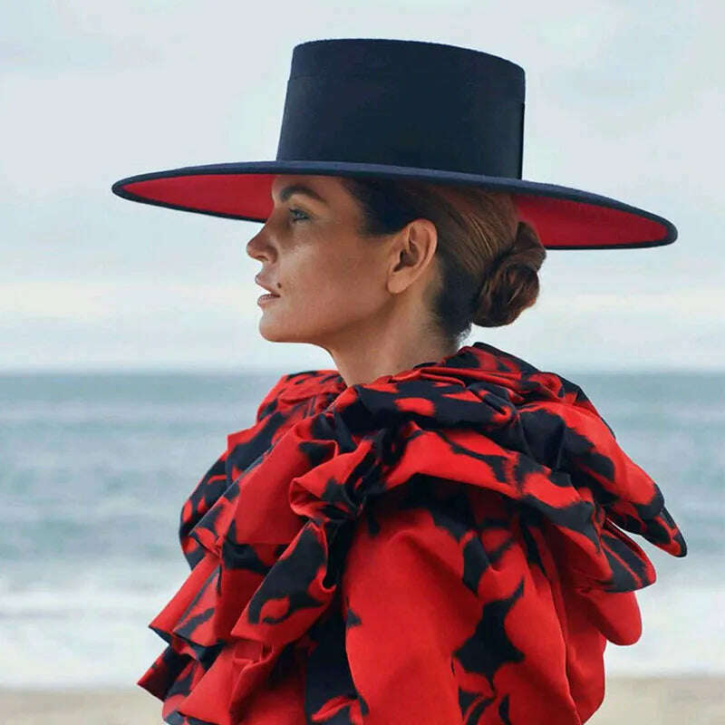 Classical Unisex Wide Brim Splice Two Tone Wool Fedora Winter Warm Wide Brim Women Hats Red Black Ladies Church Derby Dress Hat - KIMLUD