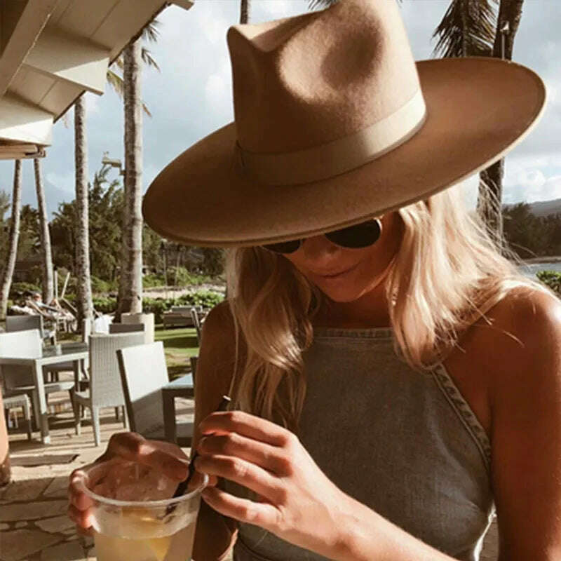 Classical Wide Brim Porkpie Fedora Hat Camel Black 100% Wool Hats Men Women Crushable Winter Hat Derby Wedding Church Jazz Hats - KIMLUD
