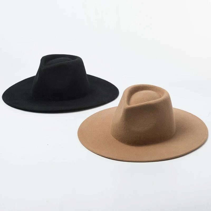 Classical Wide Brim Porkpie Fedora Hat Camel Black 100% Wool Hats Men Women Crushable Winter Hat Derby Wedding Church Jazz Hats - KIMLUD