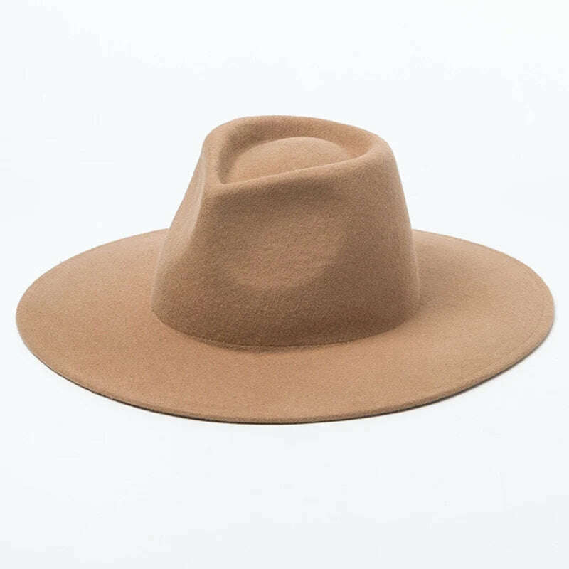 Classical Wide Brim Porkpie Fedora Hat Camel Black 100% Wool Hats Men Women Crushable Winter Hat Derby Wedding Church Jazz Hats - KIMLUD