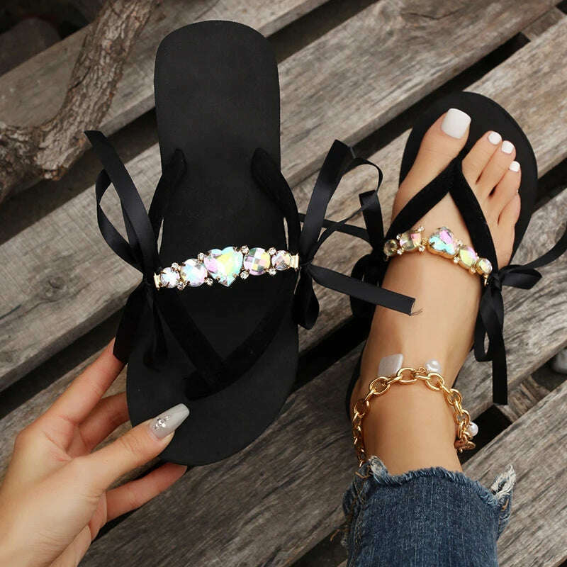 Clip Toe High Heels Slippers Women 2023 Summer Beach Platform Wedge Sandals Slides Woman Plus Size 42 Crystal Outdoor Flip Flops - KIMLUD