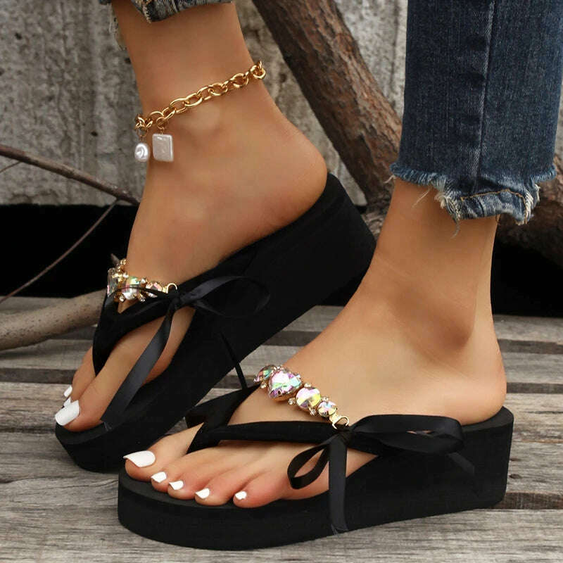 Clip Toe High Heels Slippers Women 2023 Summer Beach Platform Wedge Sandals Slides Woman Plus Size 42 Crystal Outdoor Flip Flops - KIMLUD