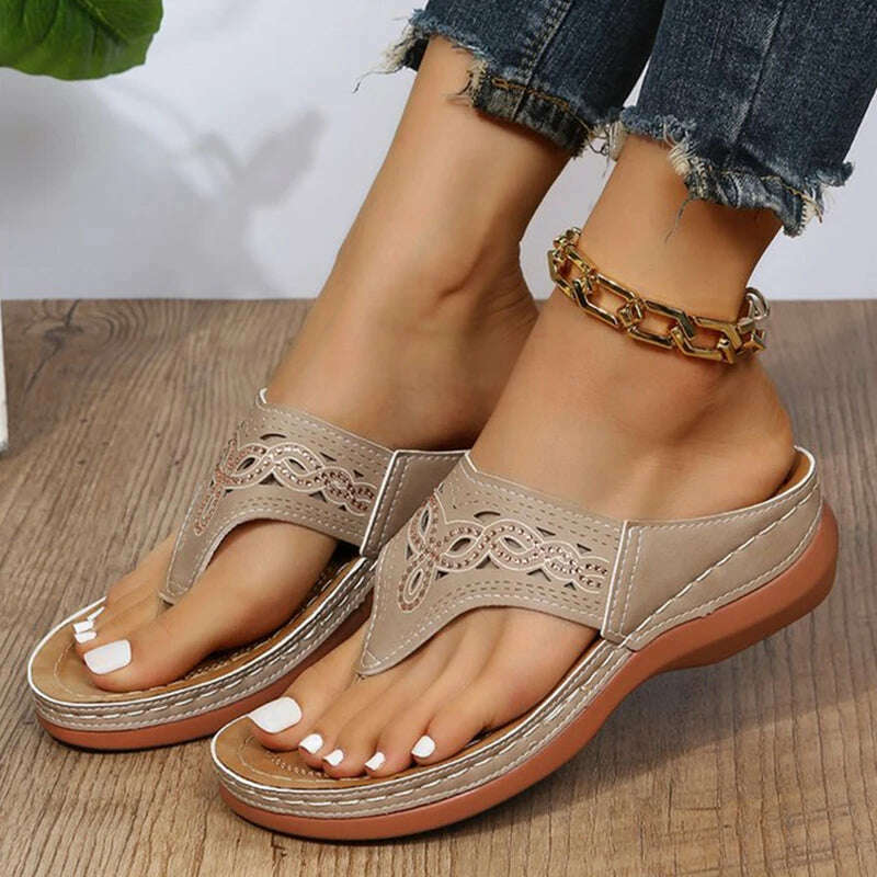 KIMLUD, Clip Toe Wedge Sandals Women 2023 Summer Thick Platform Beach Sandals Woman Plus Size 44 Low Heels Gladiator Sandalias De Mujer, KIMLUD Womens Clothes
