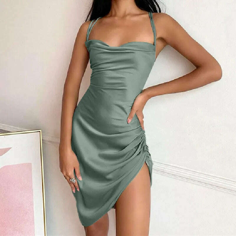 KIMLUD, Close-fitting Skinny Sexy Mini Dress Solid Color Sleeveless Backless Ruched Low-Cut Slim High Waist Chic Stylish Bodycon Dress, KIMLUD Womens Clothes