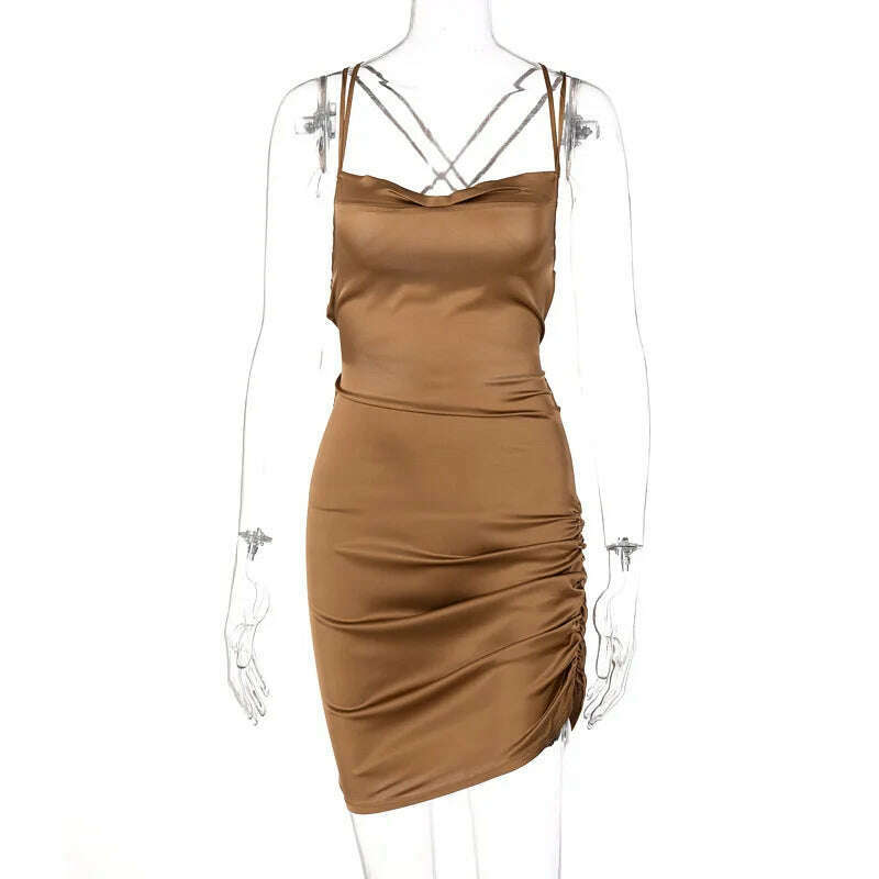 KIMLUD, Close-fitting Skinny Sexy Mini Dress Solid Color Sleeveless Backless Ruched Low-Cut Slim High Waist Chic Stylish Bodycon Dress, Brown / S, KIMLUD Women's Clothes