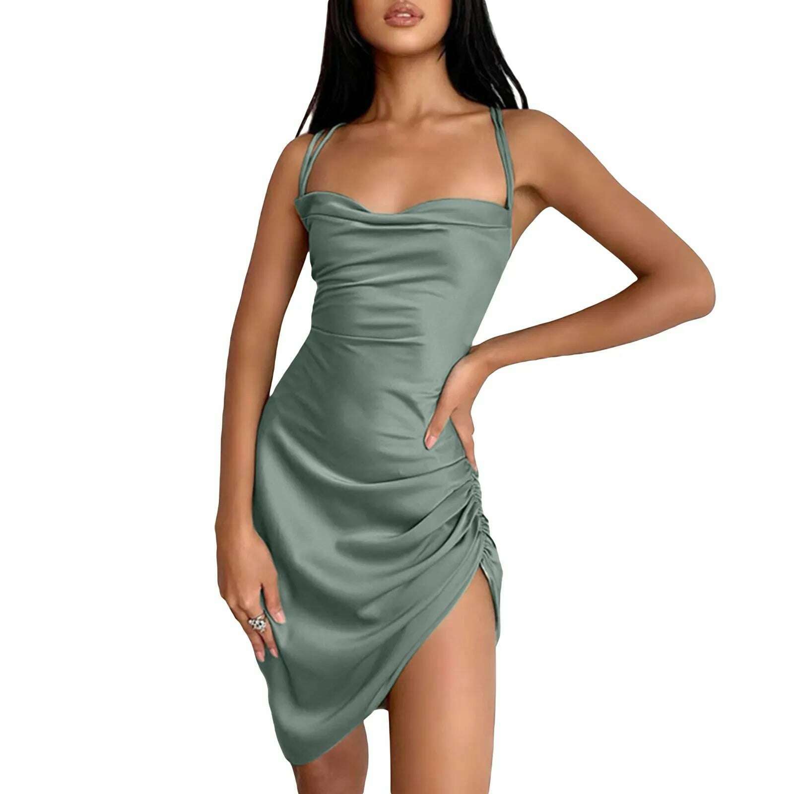 KIMLUD, Close-fitting Skinny Sexy Mini Dress Solid Color Sleeveless Backless Ruched Low-Cut Slim High Waist Chic Stylish Bodycon Dress, army green / S, KIMLUD Women's Clothes