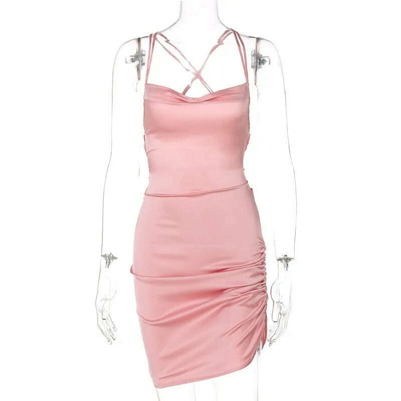 KIMLUD, Close-fitting Skinny Sexy Mini Dress Solid Color Sleeveless Backless Ruched Low-Cut Slim High Waist Chic Stylish Bodycon Dress, Pink / S, KIMLUD Women's Clothes