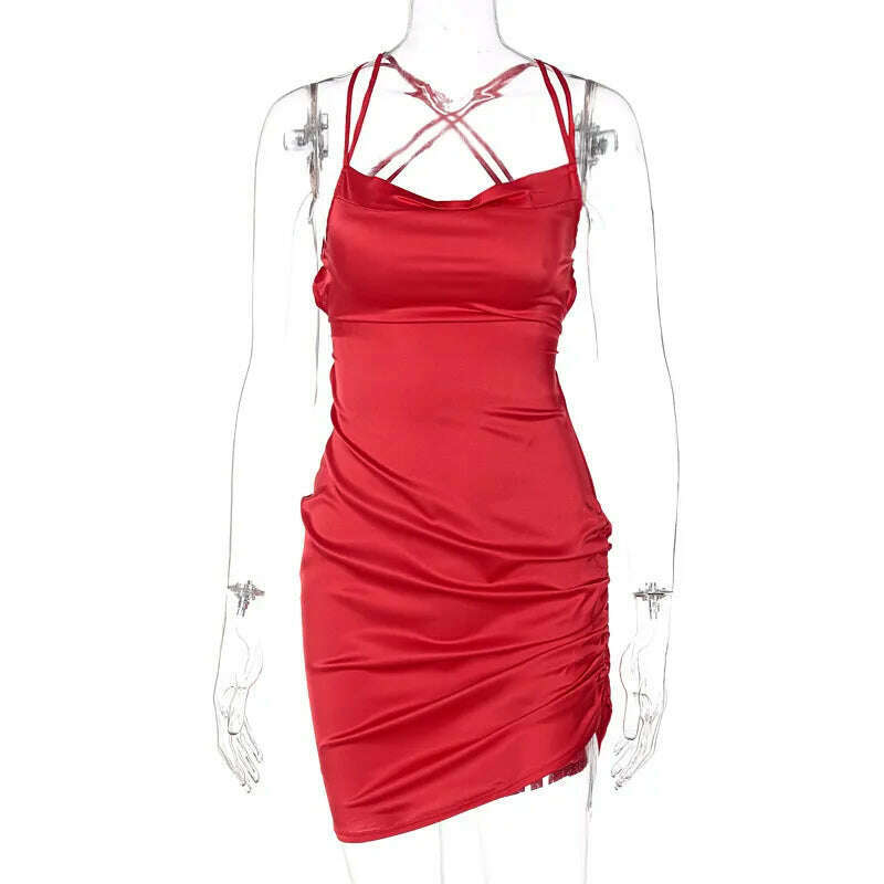 KIMLUD, Close-fitting Skinny Sexy Mini Dress Solid Color Sleeveless Backless Ruched Low-Cut Slim High Waist Chic Stylish Bodycon Dress, Red / M, KIMLUD Womens Clothes