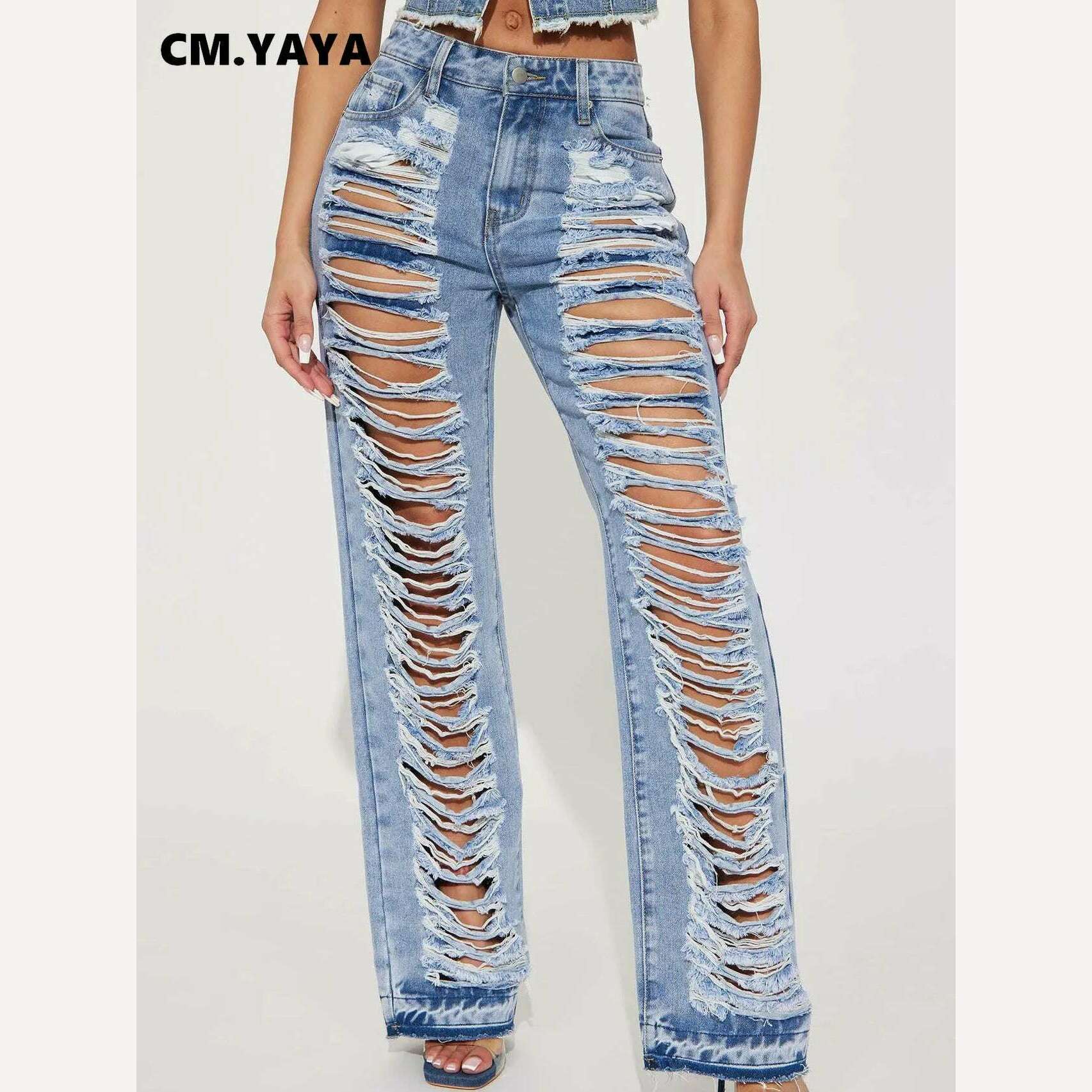 CM.YAYA Blue Denim Pants for Women 2023 Summer Streetwear Fashion Cutout Ripped Hollow Out Wide Leg Straight Jeans Trousers, KIMLUD Women's Clothes