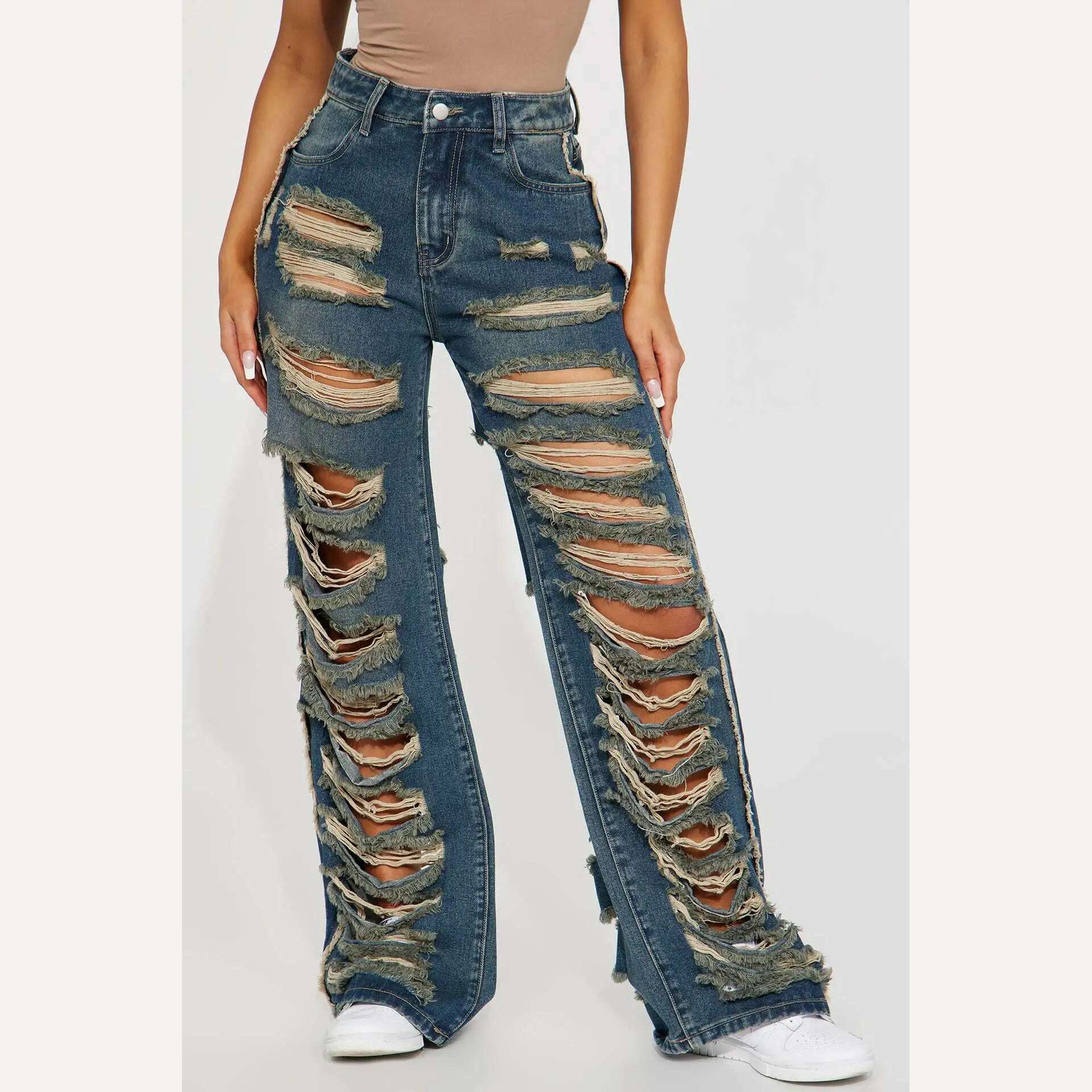 KIMLUD, CM.YAYA Blue Denim Pants for Women 2023 Summer Streetwear Fashion Cutout Ripped Hollow Out Wide Leg Straight Jeans Trousers, deep blue / S, KIMLUD Womens Clothes