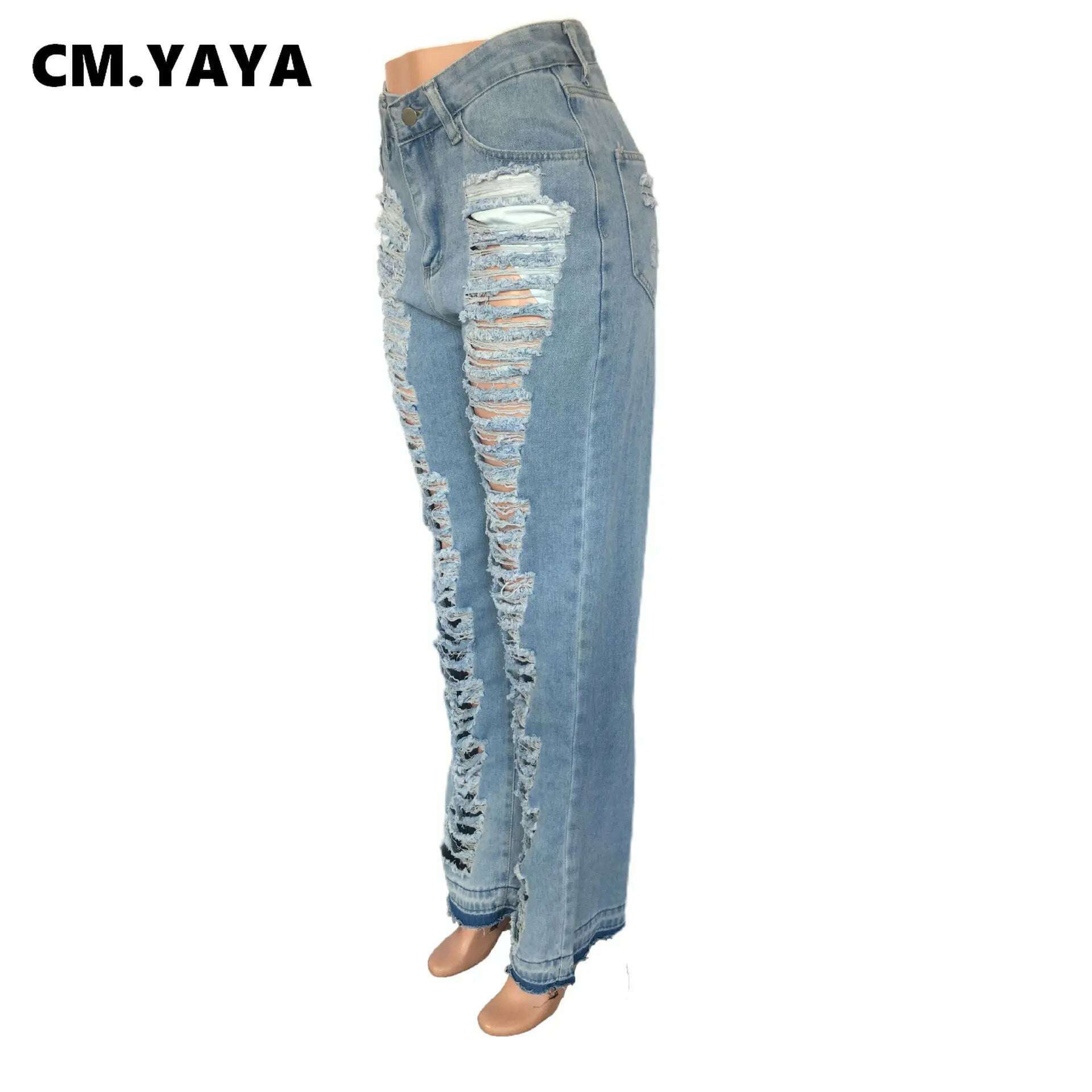 KIMLUD, CM.YAYA Blue Denim Pants for Women 2023 Summer Streetwear Fashion Cutout Ripped Hollow Out Wide Leg Straight Jeans Trousers, KIMLUD Womens Clothes