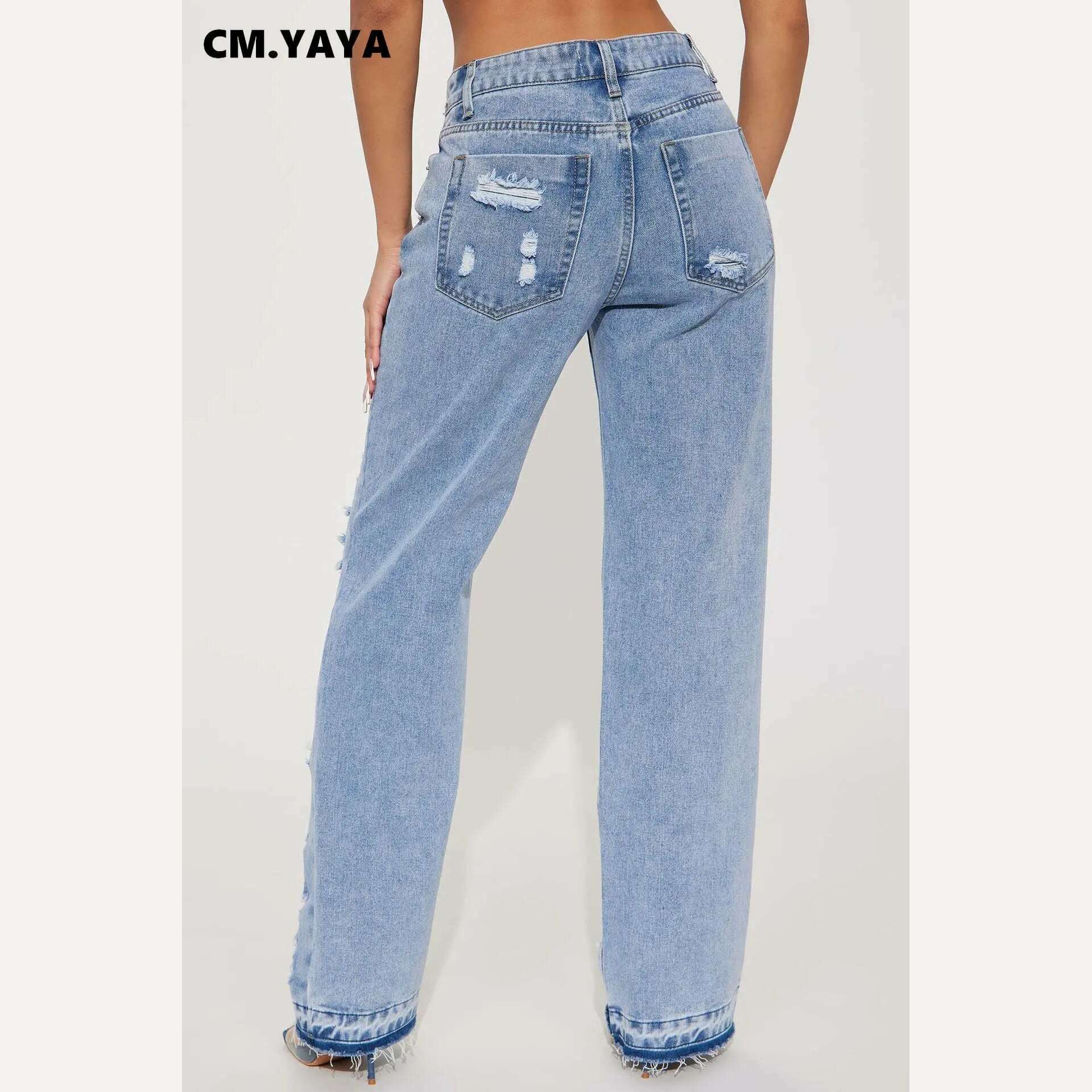 KIMLUD, CM.YAYA Blue Denim Pants for Women 2023 Summer Streetwear Fashion Cutout Ripped Hollow Out Wide Leg Straight Jeans Trousers, KIMLUD Womens Clothes