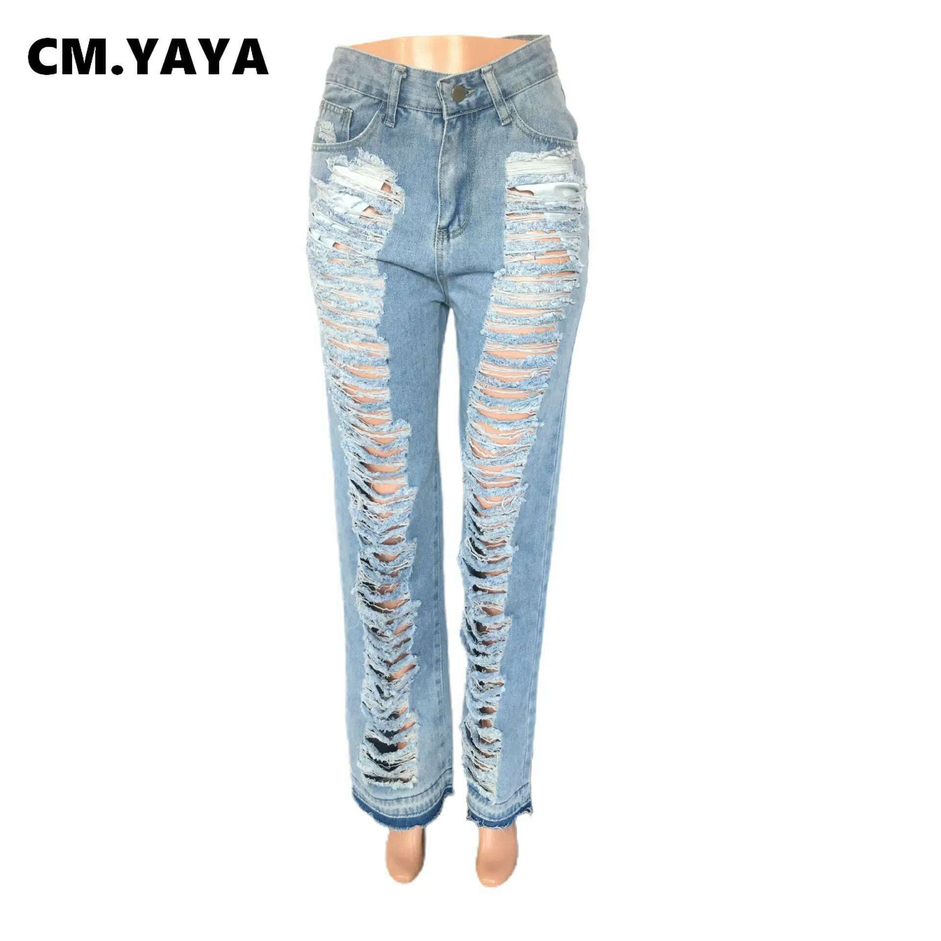 KIMLUD, CM.YAYA Blue Denim Pants for Women 2023 Summer Streetwear Fashion Cutout Ripped Hollow Out Wide Leg Straight Jeans Trousers, KIMLUD Womens Clothes