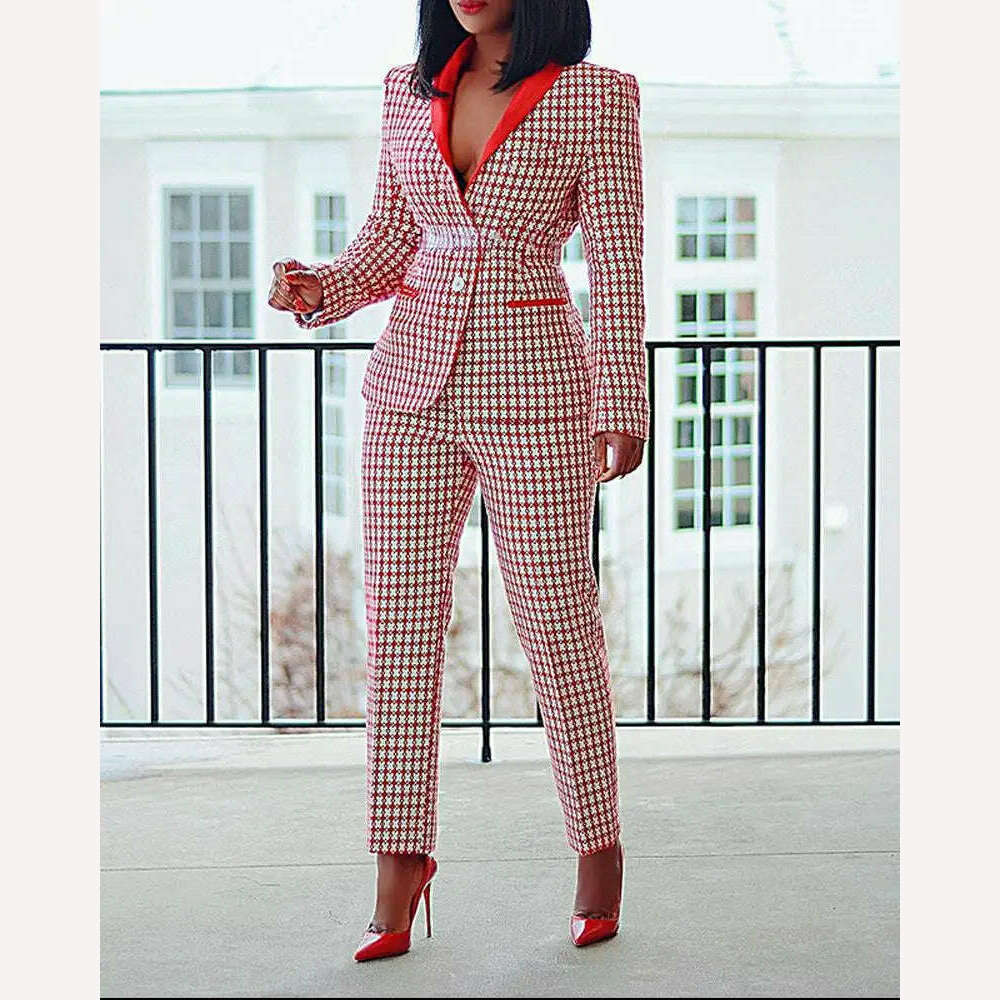 KIMLUD, CM.YAYA Elegant Houndstooth Blazer Suit and Pants Two 2Piece Set for Women 2023 Autumn Winter Classic OL Street Outfit Tracksuit, Red / S, KIMLUD Womens Clothes