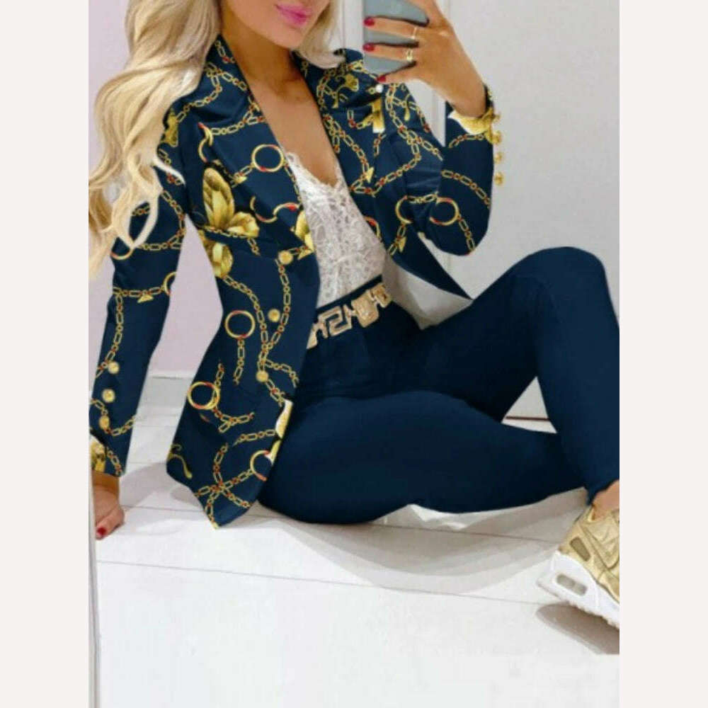 KIMLUD, CM.YAYA Elegant INS Paisley Butterfly Blazer Suit and Pants Two 2 Piece Set for Women 2022 Autumn Winter Street Outfit Tracksuit, blue chain / S, KIMLUD Women's Clothes