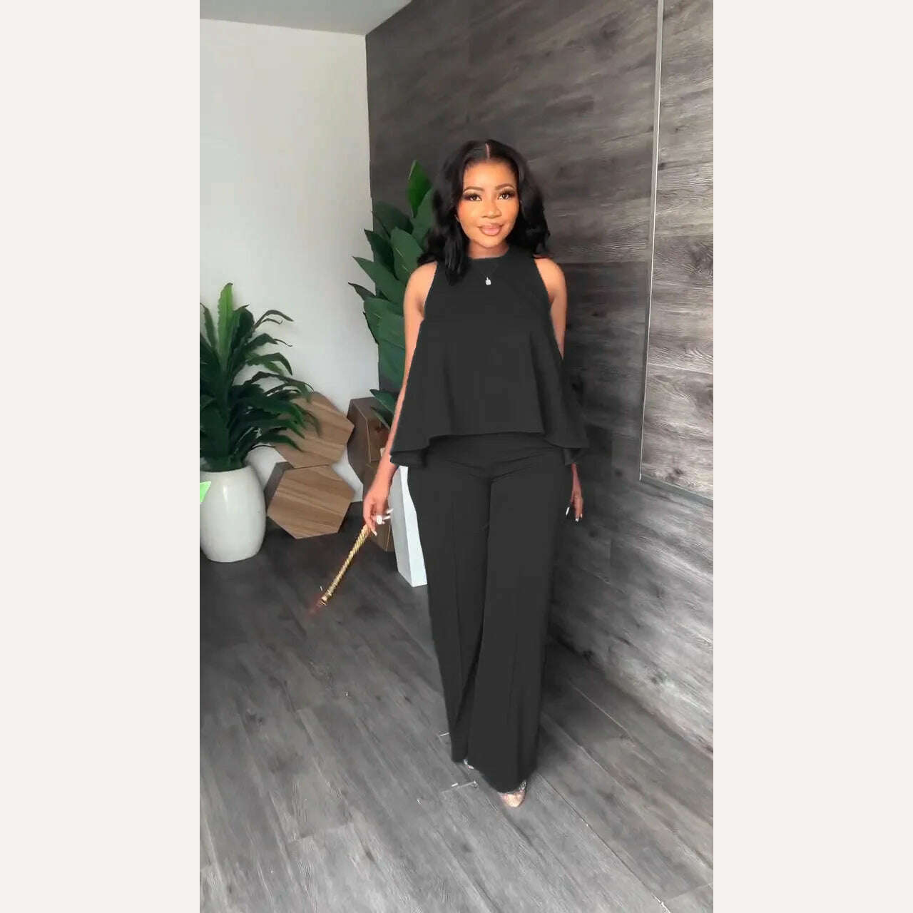 KIMLUD, CM.YAYA Elegant Women Two 2 Piece Set Outfits Fashion Sleeveless Flare Tank Top and Straight Pants Suit Winter 2022 Tracksuit, Black / S, KIMLUD APPAREL - Womens Clothes