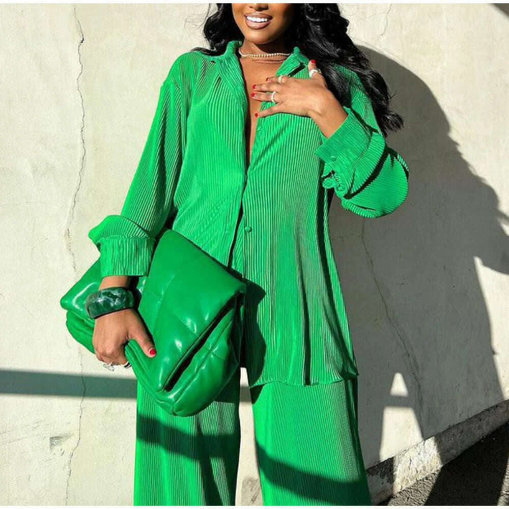 KIMLUD, CM.YAYA Pleated Women&#39;s Set Long Sleeve Shirt Tops and Straight Wide Leg Pants Elegant Tracksuit Two 2 Piece Set Fitness Outfits, Green-05 / S, KIMLUD Women's Clothes