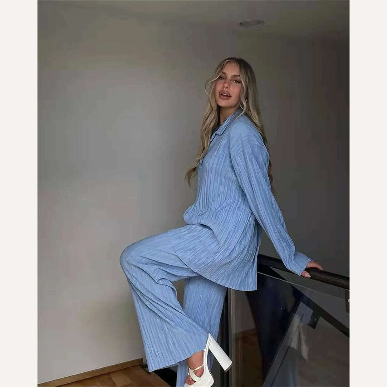 KIMLUD, CM.YAYA Pleated Women&#39;s Set Long Sleeve Shirt Tops and Straight Wide Leg Pants Elegant Tracksuit Two 2 Piece Set Fitness Outfits, Sky blue / S, KIMLUD Womens Clothes