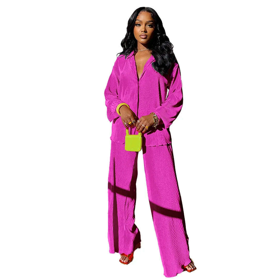 KIMLUD, CM.YAYA Pleated Women&#39;s Set Long Sleeve Shirt Tops and Straight Wide Leg Pants Elegant Tracksuit Two 2 Piece Set Fitness Outfits, Fushcia / S, KIMLUD Women's Clothes
