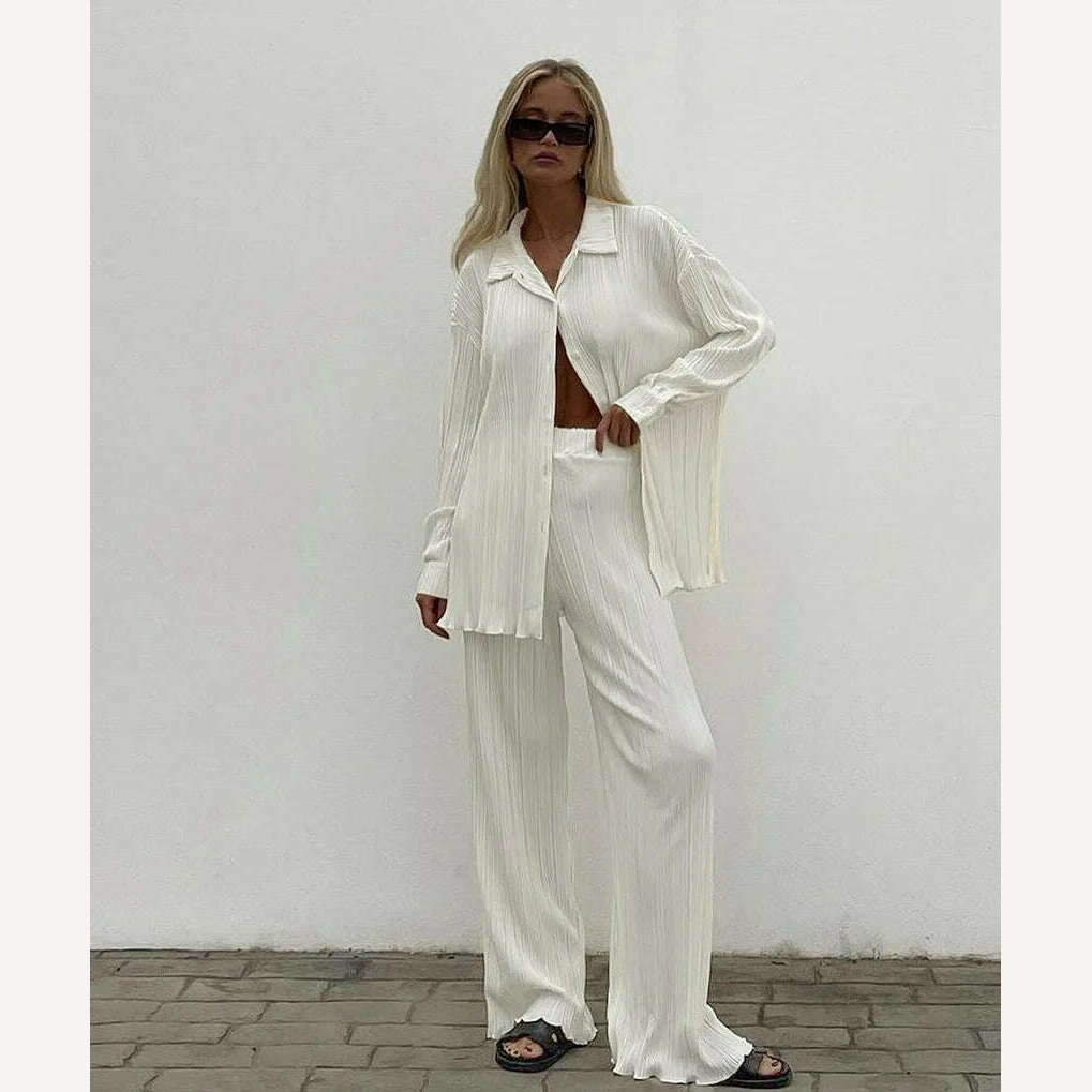 KIMLUD, CM.YAYA Pleated Women&#39;s Set Long Sleeve Shirt Tops and Straight Wide Leg Pants Elegant Tracksuit Two 2 Piece Set Fitness Outfits, White-01 / S, KIMLUD Womens Clothes