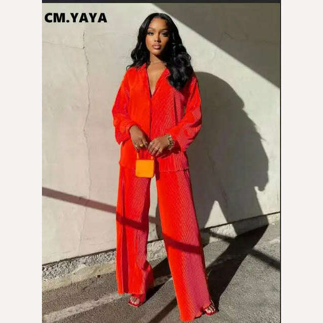 KIMLUD, CM.YAYA Pleated Women&#39;s Set Long Sleeve Shirt Tops and Straight Wide Leg Pants Elegant Tracksuit Two 2 Piece Set Fitness Outfits, Red / S, KIMLUD Womens Clothes