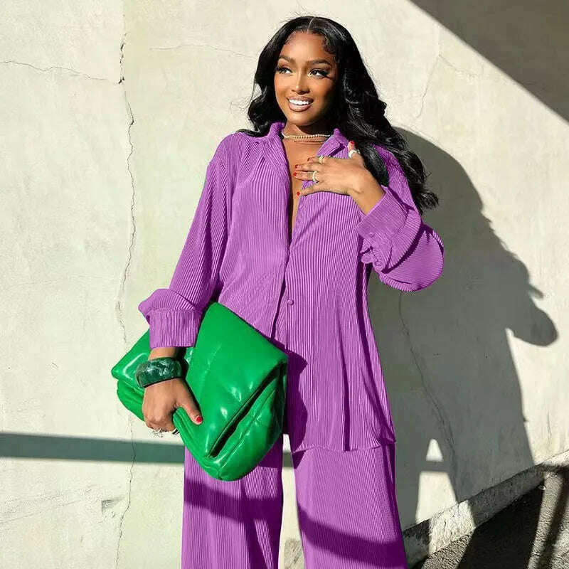 KIMLUD, CM.YAYA Pleated Women&#39;s Set Long Sleeve Shirt Tops and Straight Wide Leg Pants Elegant Tracksuit Two 2 Piece Set Fitness Outfits, Purple / S, KIMLUD Women's Clothes