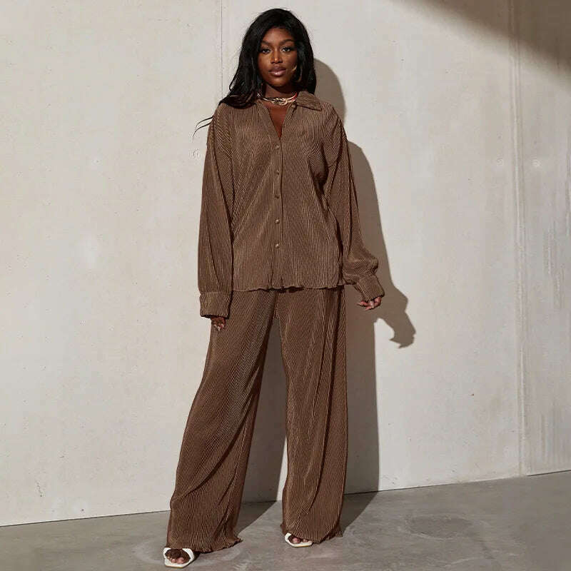 KIMLUD, CM.YAYA Pleated Women&#39;s Set Long Sleeve Shirt Tops and Straight Wide Leg Pants Elegant Tracksuit Two 2 Piece Set Fitness Outfits, Dark Brown / S, KIMLUD Womens Clothes