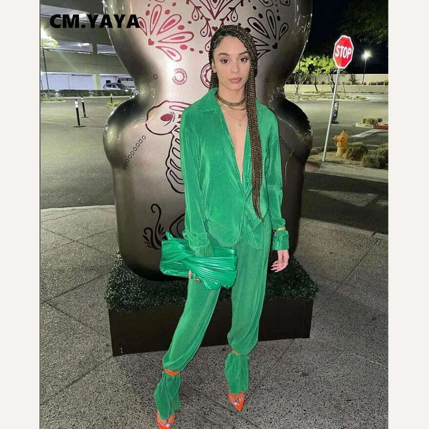KIMLUD, CM.YAYA Pleated Women&#39;s Set Long Sleeve Shirt Tops and Straight Wide Leg Pants Elegant Tracksuit Two 2 Piece Set Fitness Outfits, Green-02 / S, KIMLUD Women's Clothes