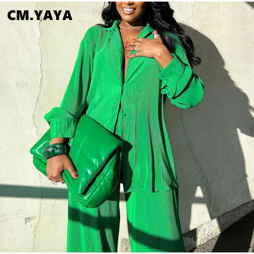 KIMLUD, CM.YAYA Pleated Women&#39;s Set Long Sleeve Shirt Tops and Straight Wide Leg Pants Elegant Tracksuit Two 2 Piece Set Fitness Outfits, KIMLUD Womens Clothes