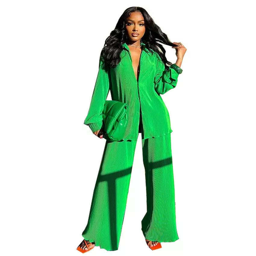 CM.YAYA Pleated Women&#39;s Set Long Sleeve Shirt Tops and Straight Wide Leg Pants Elegant Tracksuit Two 2 Piece Set Fitness Outfits - KIMLUD