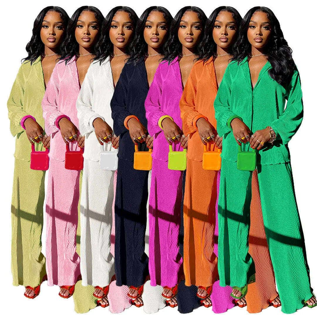 CM.YAYA Street Women&#39;s Set Long Sleeve Shirt Tops and Wide Leg Pants Elegant Tracksuit Two Piece Set Sweatsuit Fitness Outfits - KIMLUD