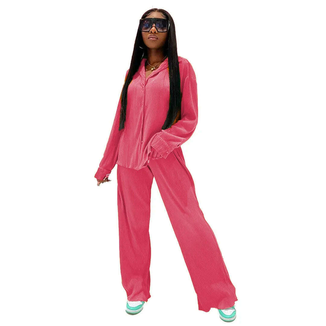 KIMLUD, CM.YAYA Street Women&#39;s Set Long Sleeve Shirt Tops and Wide Leg Pants Elegant Tracksuit Two Piece Set Sweatsuit Fitness Outfits, dark pink / S, KIMLUD Womens Clothes